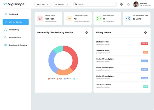 Vigiscape website security monitoring interface showing detected security issues