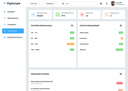 Vigiscape technical SEO monitoring dashboard showing SEO health issues